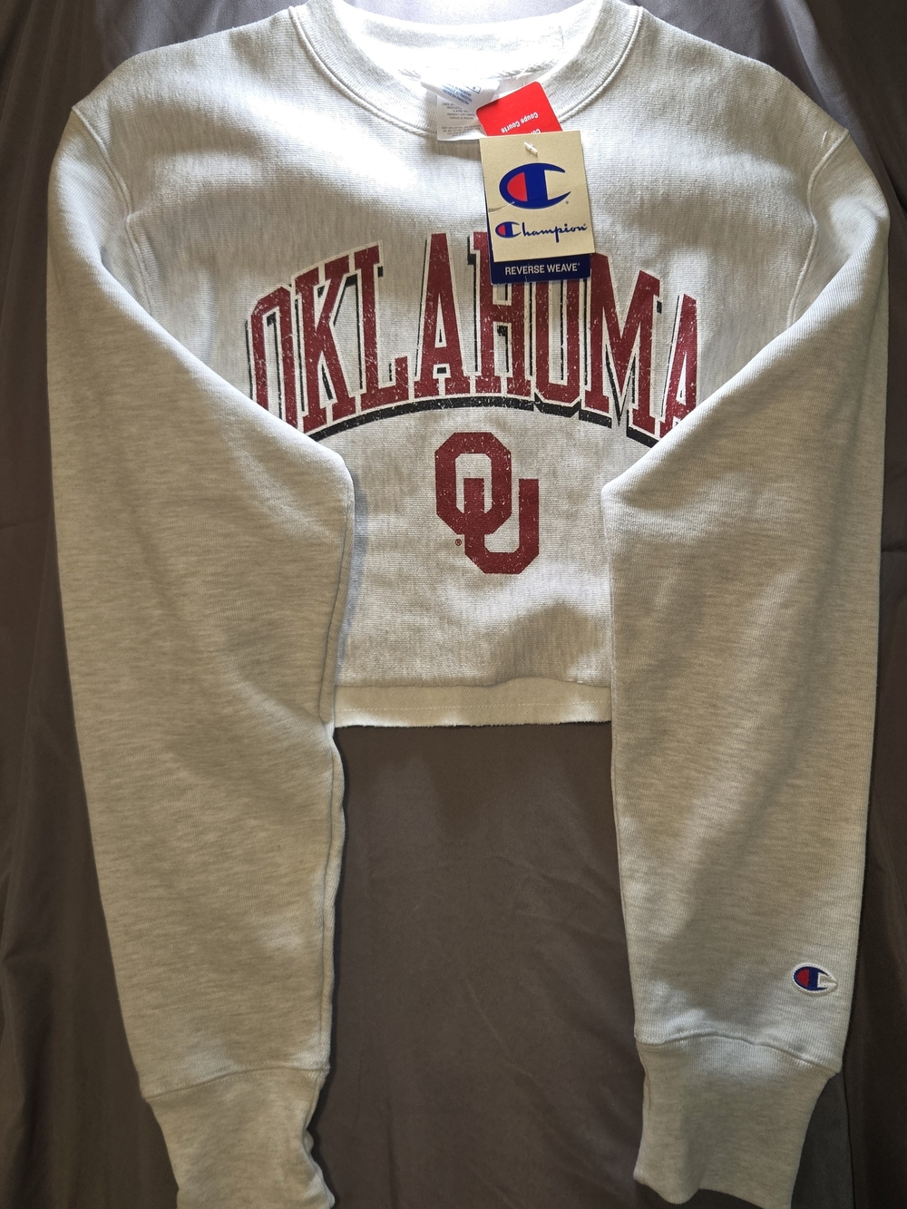 Champion Oklahoma Cropped Crewneck Sweatshirt - White & Crimson - Picture 2 of 4